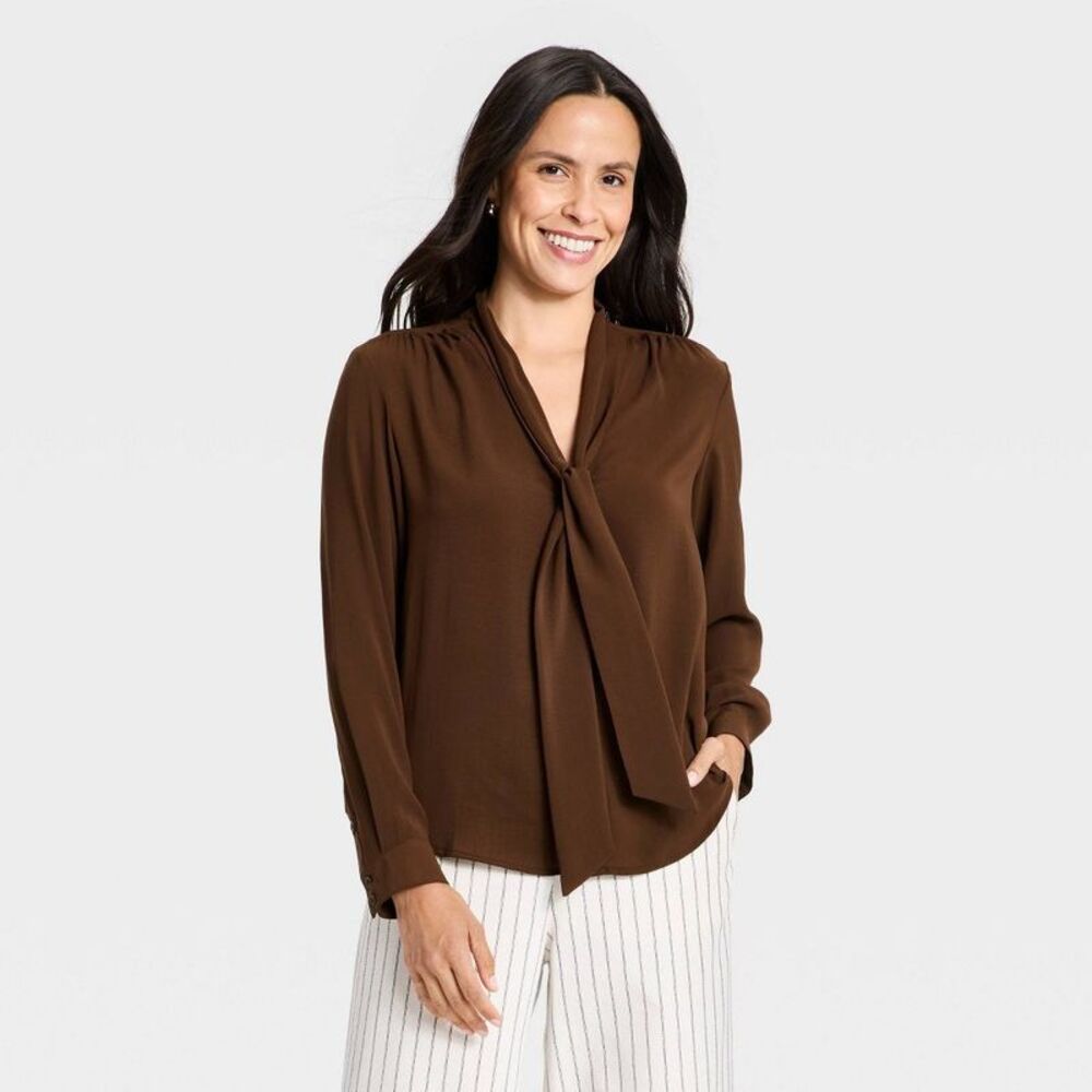 Women's Long Sleeve V-Neck Scarf Top - A New Day Brown M